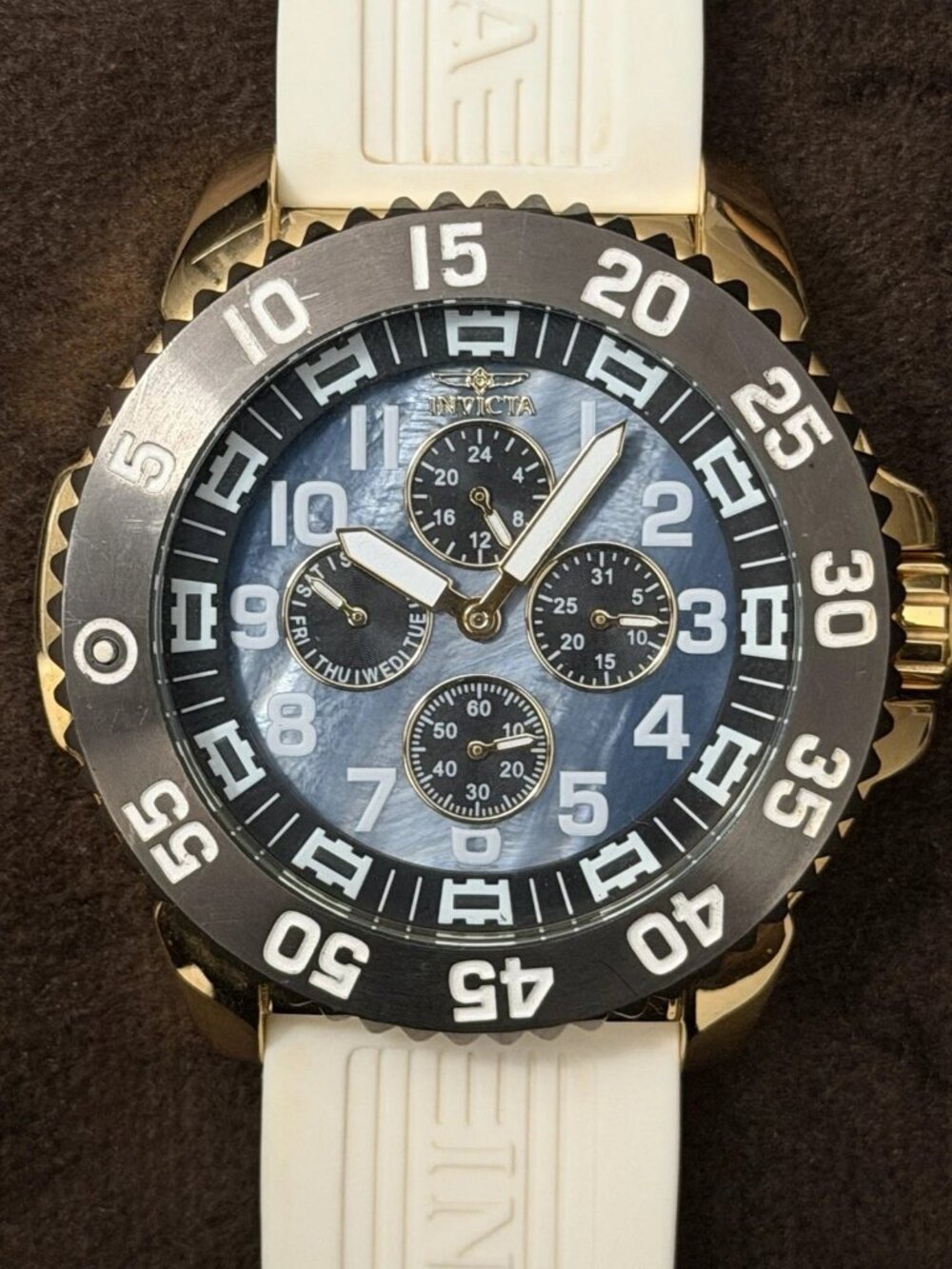 Invicta Pro Diver Quartz 48mm Gold Tone Blue MOP Dial White Rubber Strap